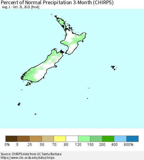 New Zealand Percent of Normal Precipitation 3-Month (CHIRPS) Thematic Map For 8/1/2021 - 10/31/2021