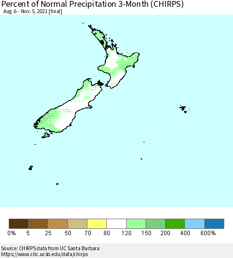 New Zealand Percent of Normal Precipitation 3-Month (CHIRPS) Thematic Map For 8/6/2021 - 11/5/2021