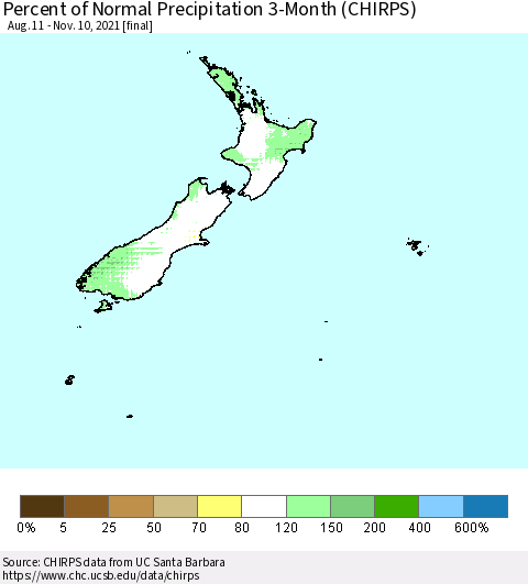 New Zealand Percent of Normal Precipitation 3-Month (CHIRPS) Thematic Map For 8/11/2021 - 11/10/2021
