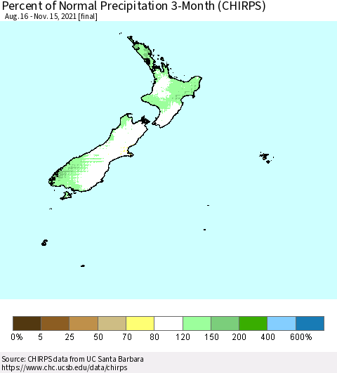 New Zealand Percent of Normal Precipitation 3-Month (CHIRPS) Thematic Map For 8/16/2021 - 11/15/2021