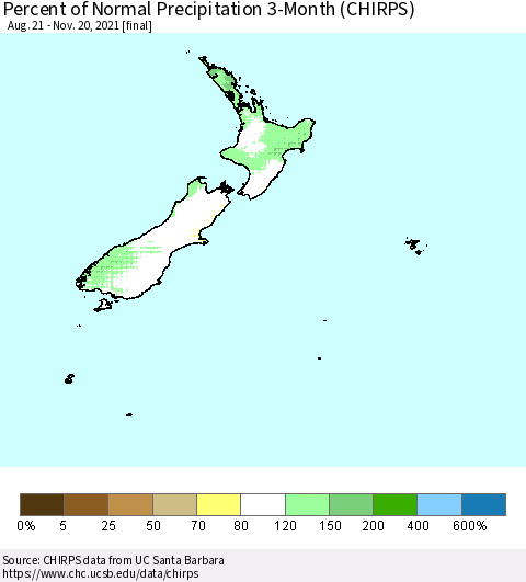 New Zealand Percent of Normal Precipitation 3-Month (CHIRPS) Thematic Map For 8/21/2021 - 11/20/2021