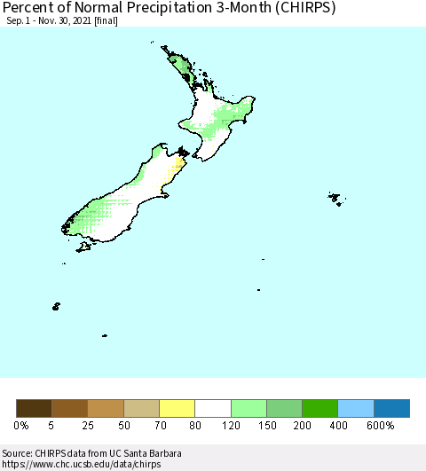 New Zealand Percent of Normal Precipitation 3-Month (CHIRPS) Thematic Map For 9/1/2021 - 11/30/2021