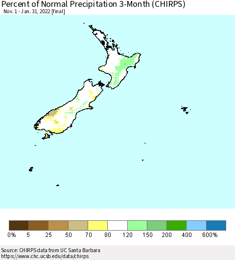 New Zealand Percent of Normal Precipitation 3-Month (CHIRPS) Thematic Map For 11/1/2021 - 1/31/2022