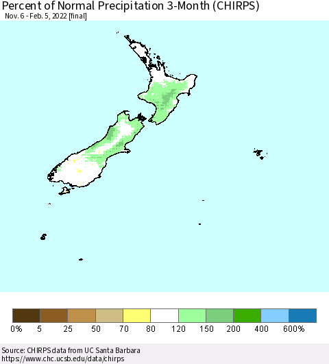 New Zealand Percent of Normal Precipitation 3-Month (CHIRPS) Thematic Map For 11/6/2021 - 2/5/2022