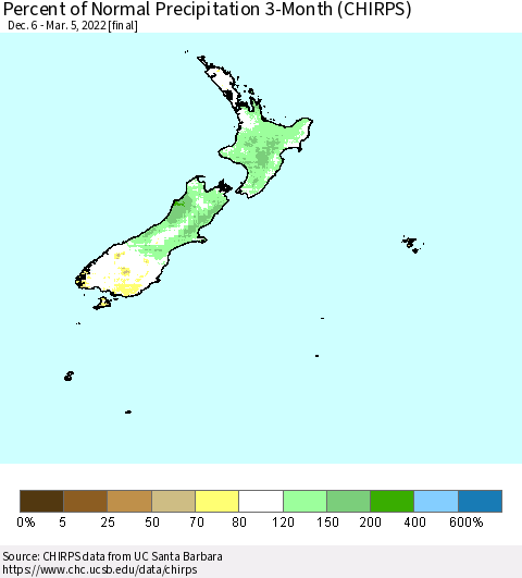 New Zealand Percent of Normal Precipitation 3-Month (CHIRPS) Thematic Map For 12/6/2021 - 3/5/2022