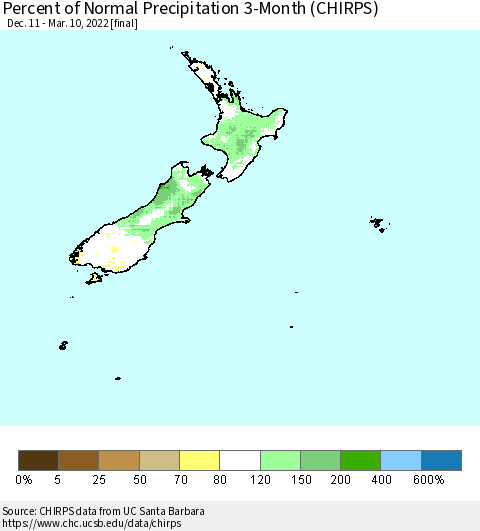 New Zealand Percent of Normal Precipitation 3-Month (CHIRPS) Thematic Map For 12/11/2021 - 3/10/2022