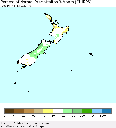 New Zealand Percent of Normal Precipitation 3-Month (CHIRPS) Thematic Map For 12/16/2021 - 3/15/2022