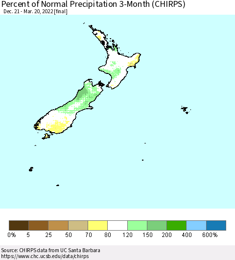 New Zealand Percent of Normal Precipitation 3-Month (CHIRPS) Thematic Map For 12/21/2021 - 3/20/2022