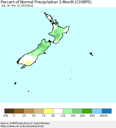 New Zealand Percent of Normal Precipitation 3-Month (CHIRPS) Thematic Map For 12/26/2021 - 3/25/2022