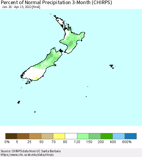 New Zealand Percent of Normal Precipitation 3-Month (CHIRPS) Thematic Map For 1/16/2022 - 4/15/2022