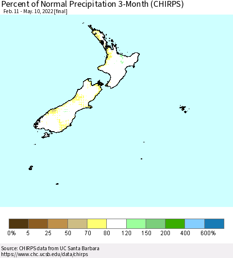 New Zealand Percent of Normal Precipitation 3-Month (CHIRPS) Thematic Map For 2/11/2022 - 5/10/2022