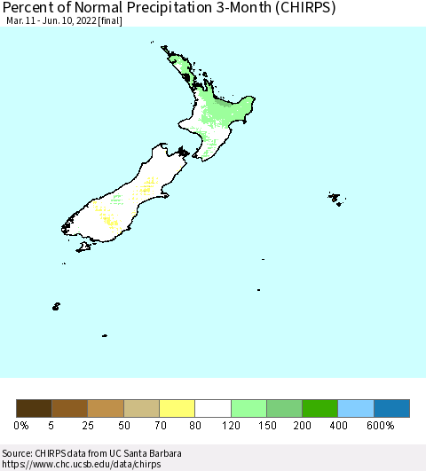 New Zealand Percent of Normal Precipitation 3-Month (CHIRPS) Thematic Map For 3/11/2022 - 6/10/2022