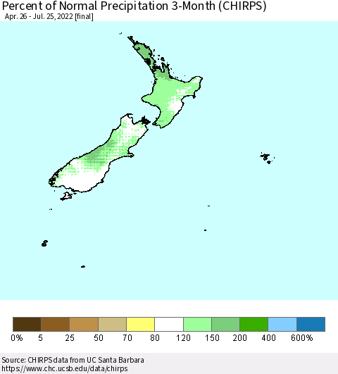 New Zealand Percent of Normal Precipitation 3-Month (CHIRPS) Thematic Map For 4/26/2022 - 7/25/2022