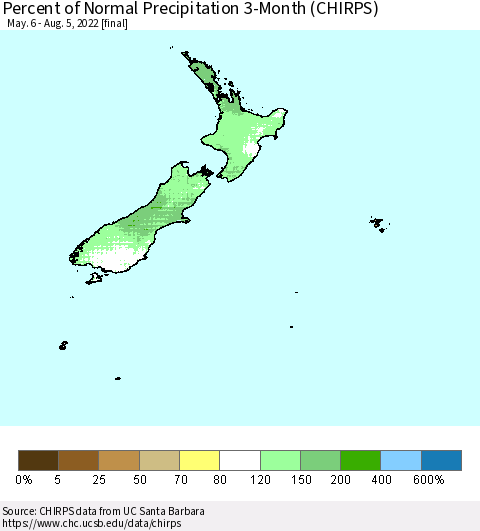 New Zealand Percent of Normal Precipitation 3-Month (CHIRPS) Thematic Map For 5/6/2022 - 8/5/2022