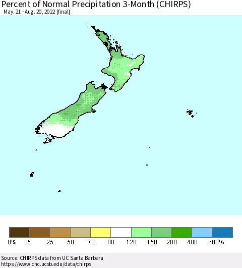 New Zealand Percent of Normal Precipitation 3-Month (CHIRPS) Thematic Map For 5/21/2022 - 8/20/2022