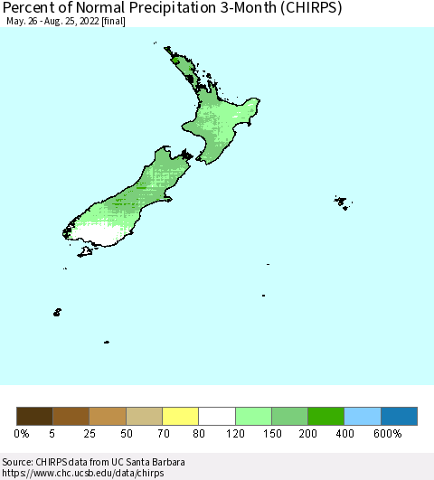 New Zealand Percent of Normal Precipitation 3-Month (CHIRPS) Thematic Map For 5/26/2022 - 8/25/2022