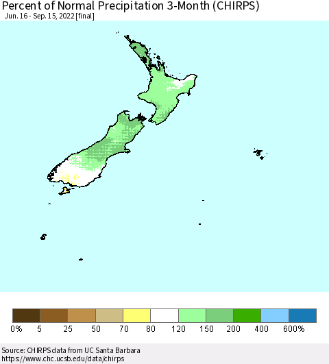 New Zealand Percent of Normal Precipitation 3-Month (CHIRPS) Thematic Map For 6/16/2022 - 9/15/2022