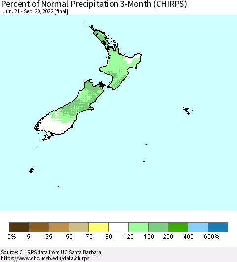 New Zealand Percent of Normal Precipitation 3-Month (CHIRPS) Thematic Map For 6/21/2022 - 9/20/2022
