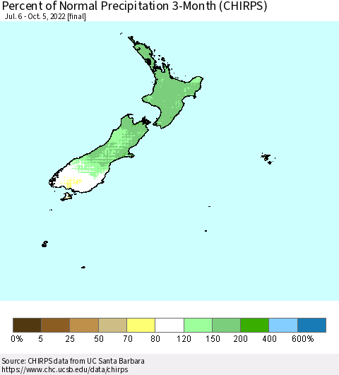 New Zealand Percent of Normal Precipitation 3-Month (CHIRPS) Thematic Map For 7/6/2022 - 10/5/2022