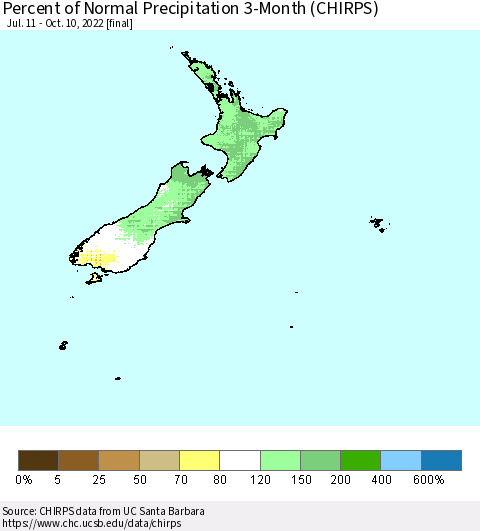 New Zealand Percent of Normal Precipitation 3-Month (CHIRPS) Thematic Map For 7/11/2022 - 10/10/2022