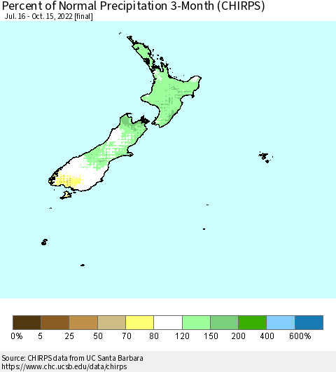New Zealand Percent of Normal Precipitation 3-Month (CHIRPS) Thematic Map For 7/16/2022 - 10/15/2022