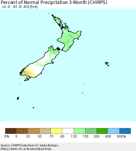 New Zealand Percent of Normal Precipitation 3-Month (CHIRPS) Thematic Map For 7/21/2022 - 10/20/2022