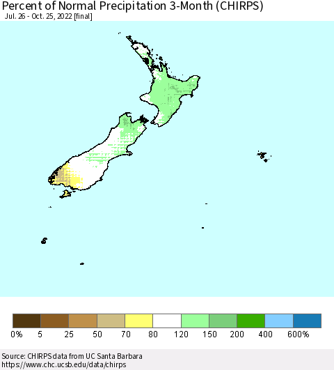 New Zealand Percent of Normal Precipitation 3-Month (CHIRPS) Thematic Map For 7/26/2022 - 10/25/2022