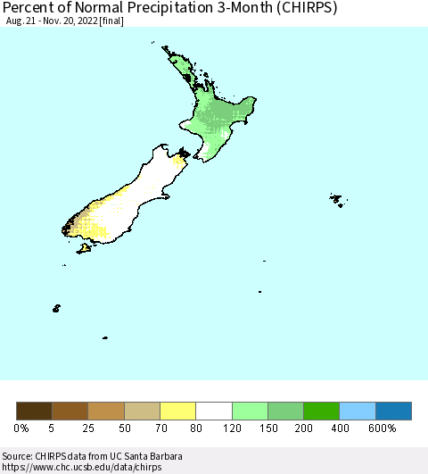 New Zealand Percent of Normal Precipitation 3-Month (CHIRPS) Thematic Map For 8/21/2022 - 11/20/2022