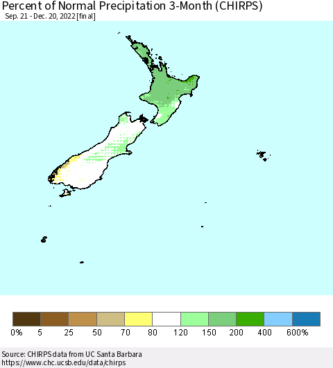 New Zealand Percent of Normal Precipitation 3-Month (CHIRPS) Thematic Map For 9/21/2022 - 12/20/2022
