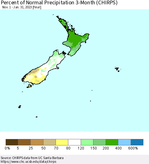 New Zealand Percent of Normal Precipitation 3-Month (CHIRPS) Thematic Map For 11/1/2022 - 1/31/2023