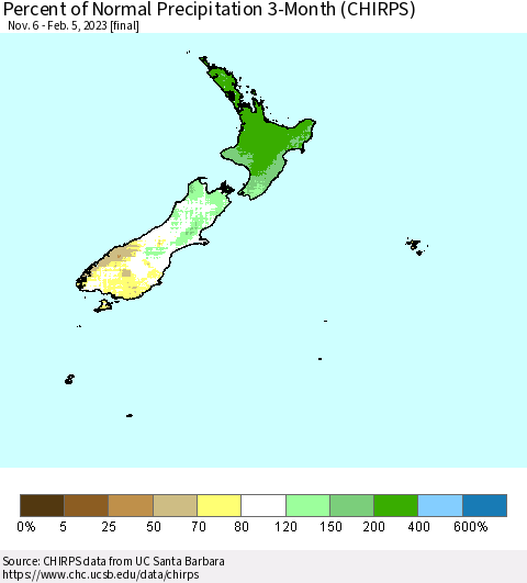 New Zealand Percent of Normal Precipitation 3-Month (CHIRPS) Thematic Map For 11/6/2022 - 2/5/2023