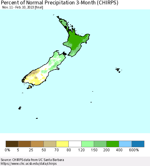 New Zealand Percent of Normal Precipitation 3-Month (CHIRPS) Thematic Map For 11/11/2022 - 2/10/2023