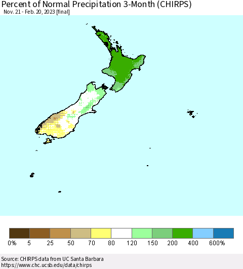 New Zealand Percent of Normal Precipitation 3-Month (CHIRPS) Thematic Map For 11/21/2022 - 2/20/2023