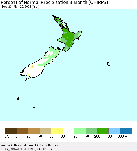 New Zealand Percent of Normal Precipitation 3-Month (CHIRPS) Thematic Map For 12/21/2022 - 3/20/2023