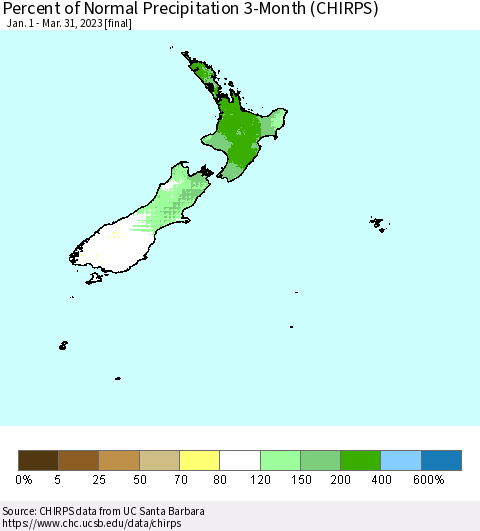 New Zealand Percent of Normal Precipitation 3-Month (CHIRPS) Thematic Map For 1/1/2023 - 3/31/2023