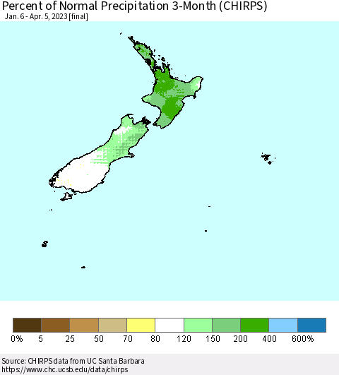 New Zealand Percent of Normal Precipitation 3-Month (CHIRPS) Thematic Map For 1/6/2023 - 4/5/2023