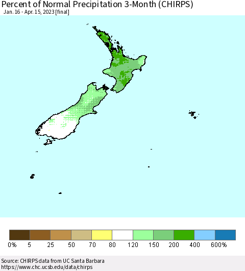 New Zealand Percent of Normal Precipitation 3-Month (CHIRPS) Thematic Map For 1/16/2023 - 4/15/2023
