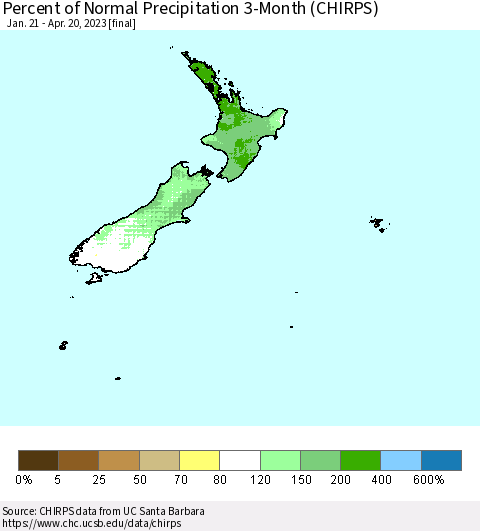 New Zealand Percent of Normal Precipitation 3-Month (CHIRPS) Thematic Map For 1/21/2023 - 4/20/2023