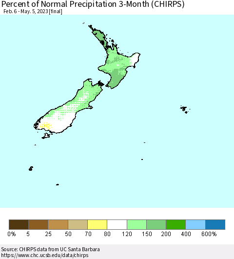 New Zealand Percent of Normal Precipitation 3-Month (CHIRPS) Thematic Map For 2/6/2023 - 5/5/2023