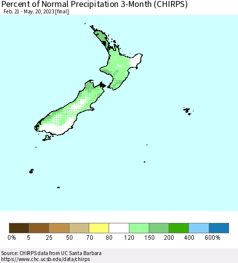 New Zealand Percent of Normal Precipitation 3-Month (CHIRPS) Thematic Map For 2/21/2023 - 5/20/2023