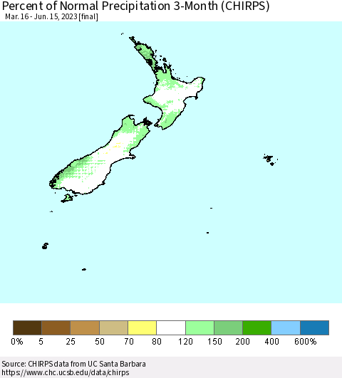 New Zealand Percent of Normal Precipitation 3-Month (CHIRPS) Thematic Map For 3/16/2023 - 6/15/2023