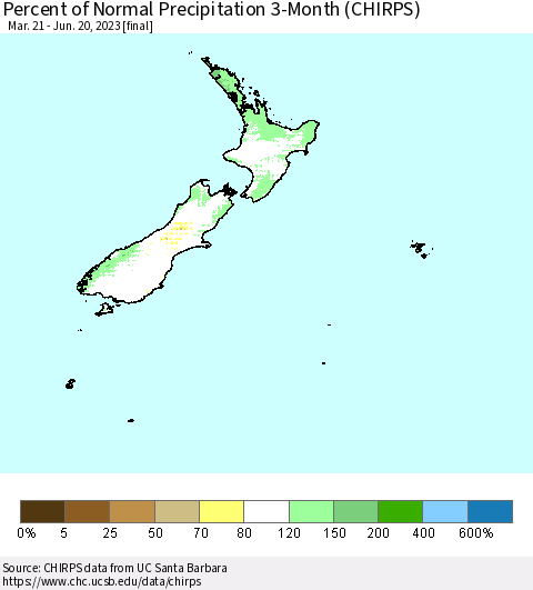 New Zealand Percent of Normal Precipitation 3-Month (CHIRPS) Thematic Map For 3/21/2023 - 6/20/2023