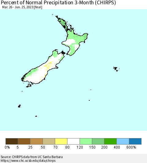 New Zealand Percent of Normal Precipitation 3-Month (CHIRPS) Thematic Map For 3/26/2023 - 6/25/2023