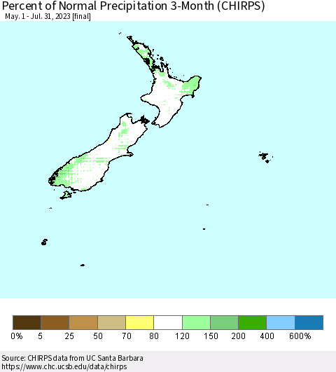 New Zealand Percent of Normal Precipitation 3-Month (CHIRPS) Thematic Map For 5/1/2023 - 7/31/2023