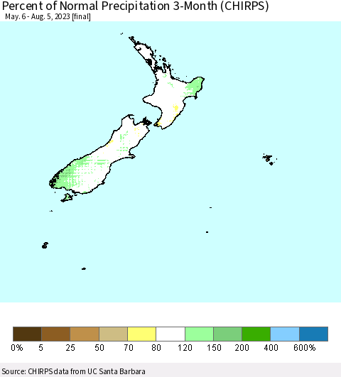New Zealand Percent of Normal Precipitation 3-Month (CHIRPS) Thematic Map For 5/6/2023 - 8/5/2023