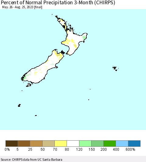 New Zealand Percent of Normal Precipitation 3-Month (CHIRPS) Thematic Map For 5/26/2023 - 8/25/2023