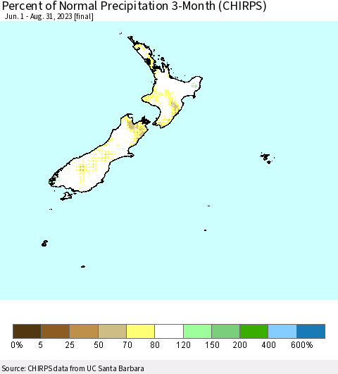 New Zealand Percent of Normal Precipitation 3-Month (CHIRPS) Thematic Map For 6/1/2023 - 8/31/2023