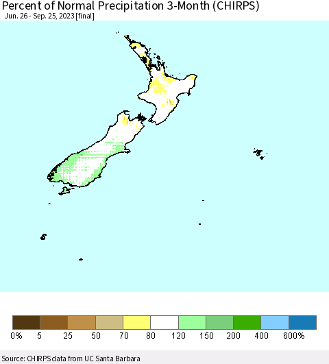 New Zealand Percent of Normal Precipitation 3-Month (CHIRPS) Thematic Map For 6/26/2023 - 9/25/2023