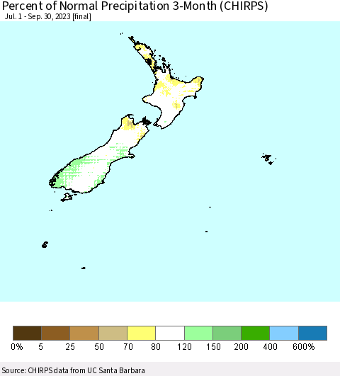 New Zealand Percent of Normal Precipitation 3-Month (CHIRPS) Thematic Map For 7/1/2023 - 9/30/2023