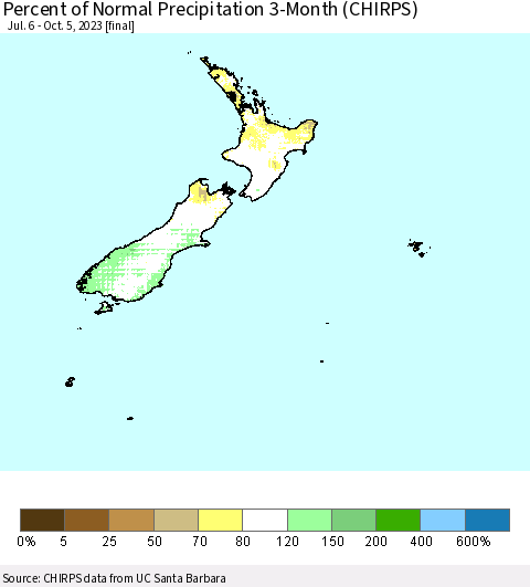 New Zealand Percent of Normal Precipitation 3-Month (CHIRPS) Thematic Map For 7/6/2023 - 10/5/2023